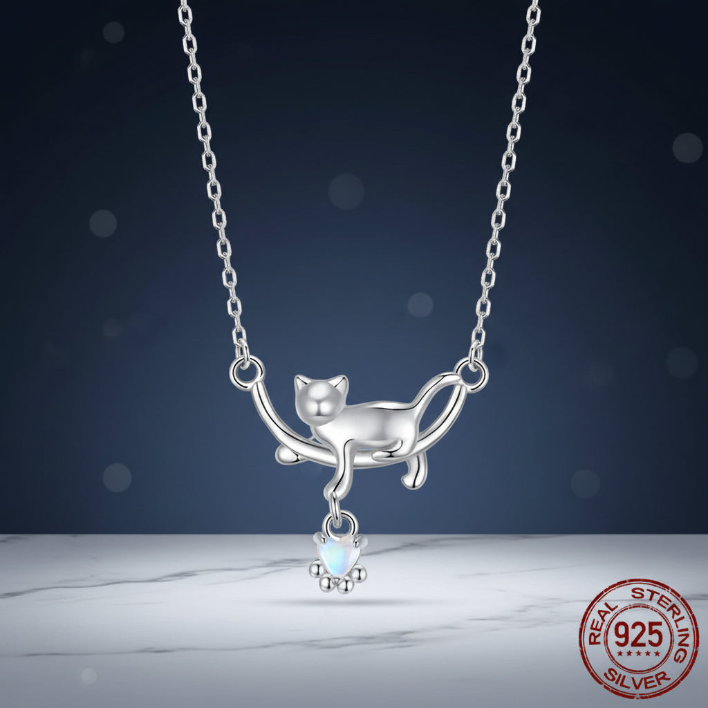 Collier pendentif chat et pierre de lune en argent sterling