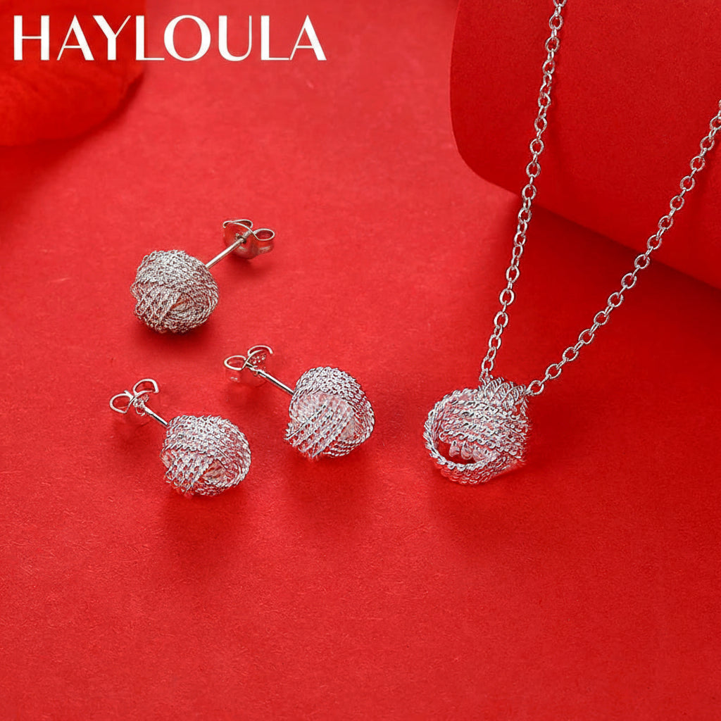 Sterling Silver Ball Necklace & Stud Earring Set