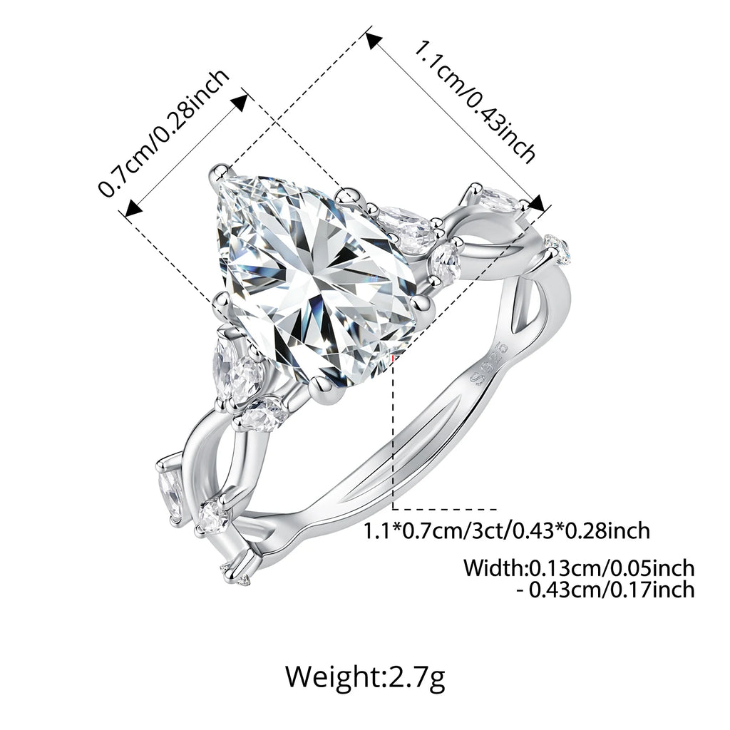 Bague en argent sterling avec moissanite taille poire de 3 carats